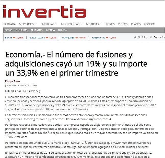 El nmero de fusiones y adquisiciones cay un 19% y su importe un 33,9% en el primer trimestre